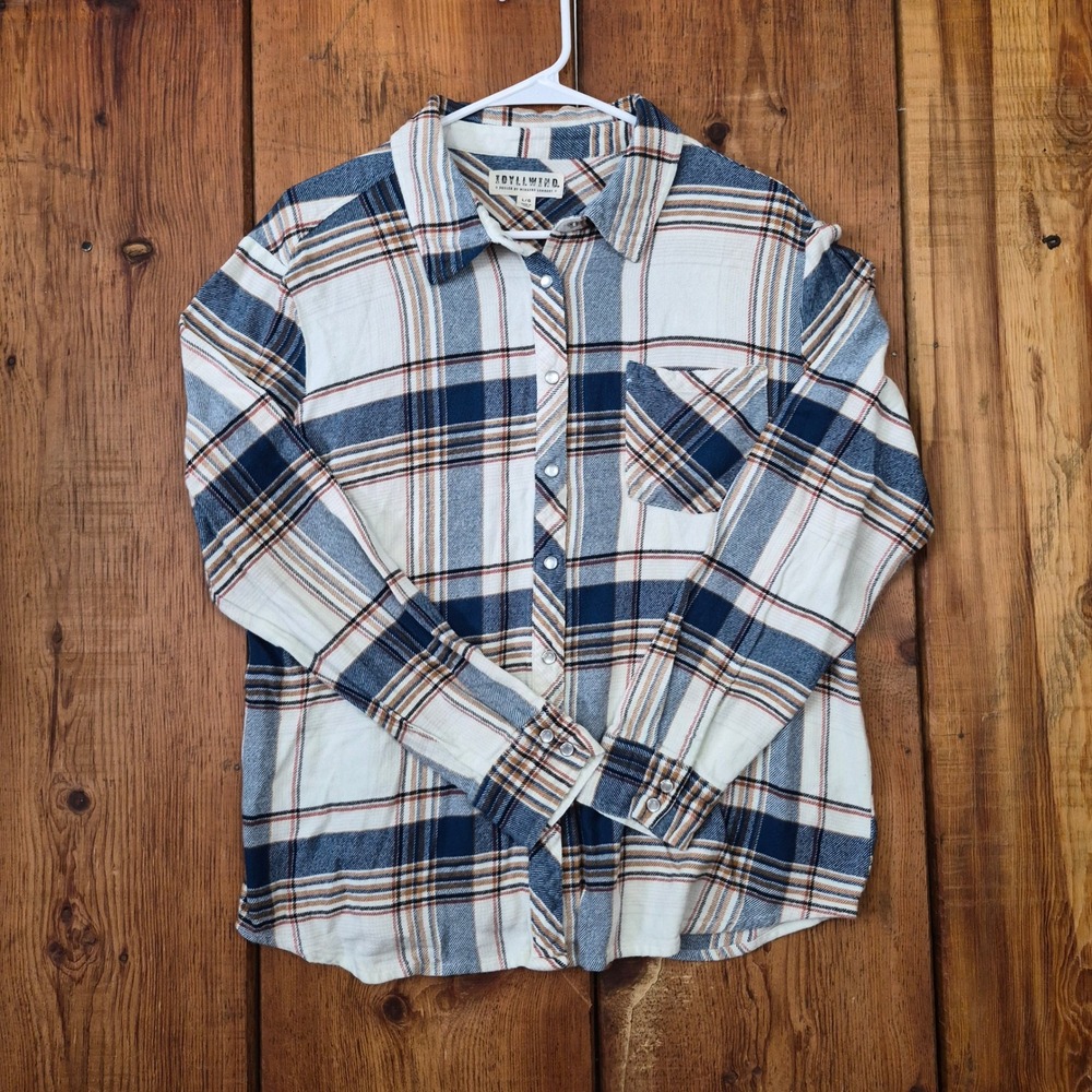 Idyllwind Miranda Lambert Plaid Pearl Snap Western Shirt Blue Cream Tan Large